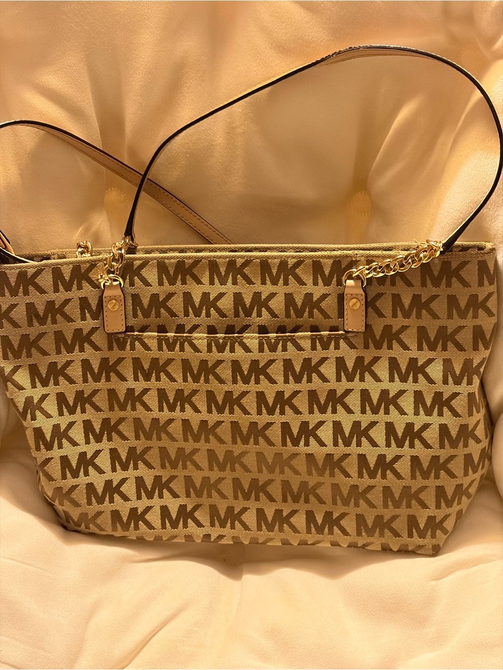 Michael Kors Tan and Brown MK Logo Tote with Chain-Trim Shoulder Straps